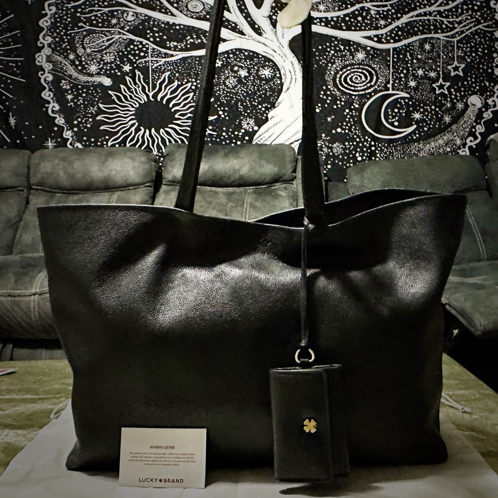 Vintage Y2K Lucky Brand Black soft Leather Tote Bag with keychain wallet laptop - Picture 16 of 17
